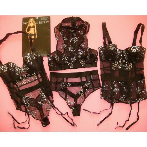 Victoria's Secret high-neck BRALETTE SET+32B GARTER corset+TEDDY BLACK silver
